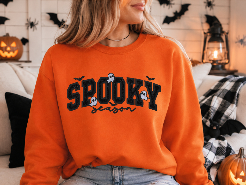 Spooky Season Embroidered Sweatshirt or Hoodie | Halloween Crewneck | Ghost & Bat Fall Pullover