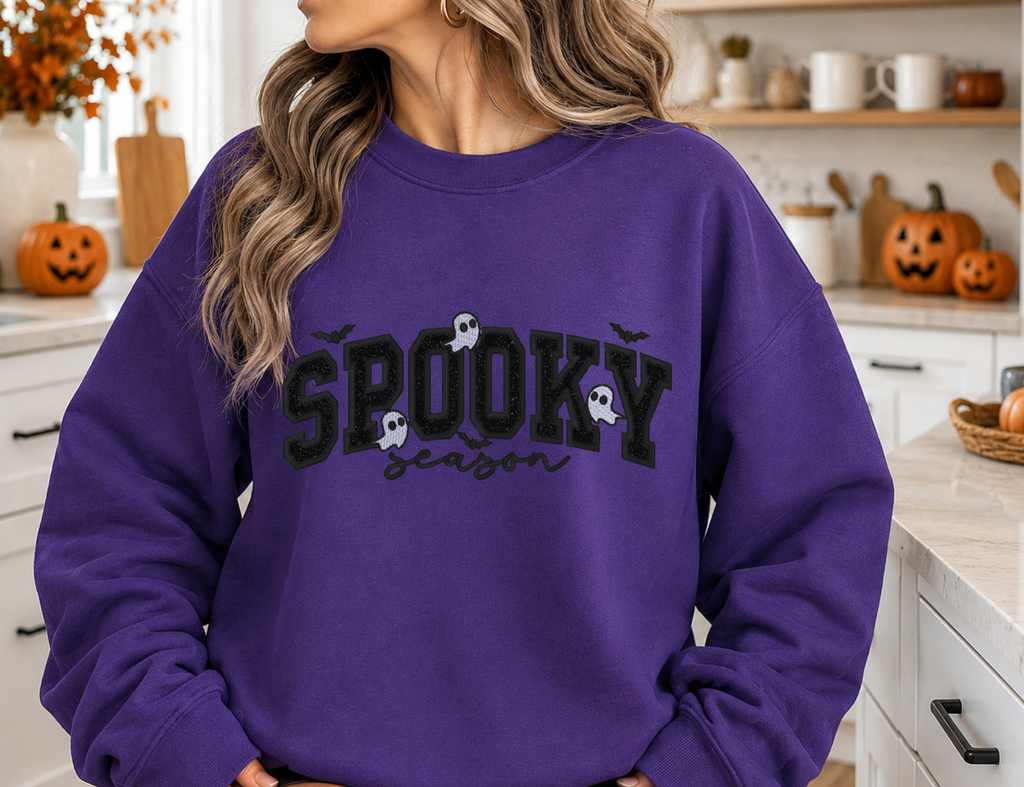 Spooky Season Embroidered Sweatshirt or Hoodie | Halloween Crewneck | Ghost & Bat Fall Pullover