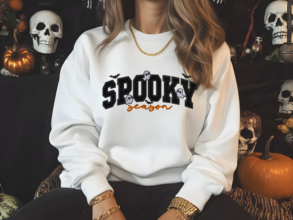 Spooky Season Embroidered Sweatshirt or Hoodie | Halloween Crewneck | Ghost & Bat Fall Pullover
